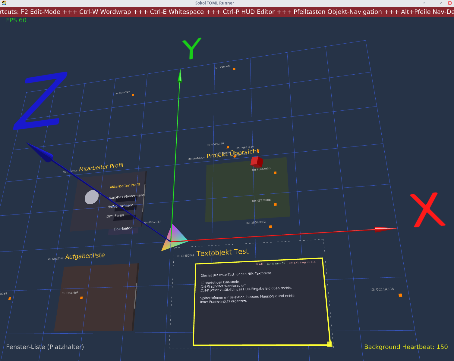 Vorschau der 3D Spatial UI mit schwebenden Text-Panels und Koordinatensystem